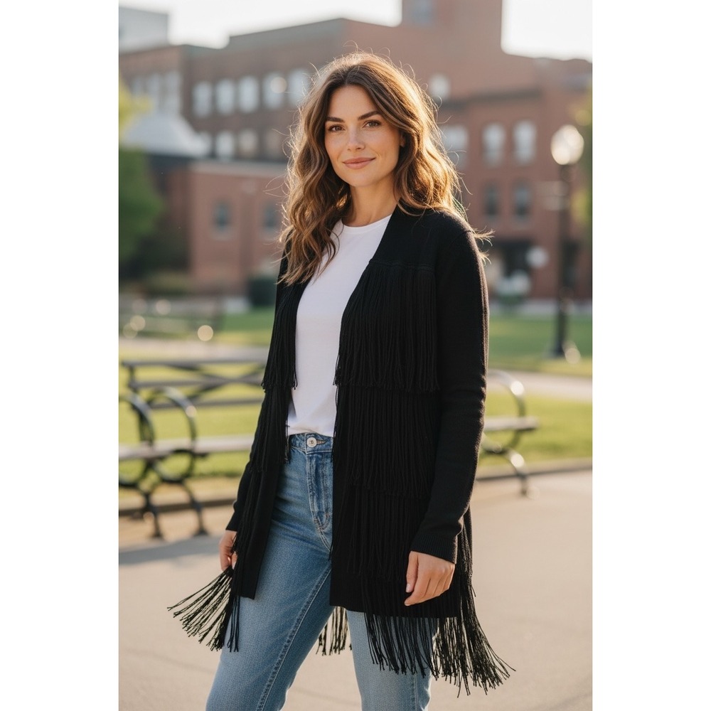 Theory Black Fringe Open Front Cardigan Longline Knit Sweater Womens Medium
